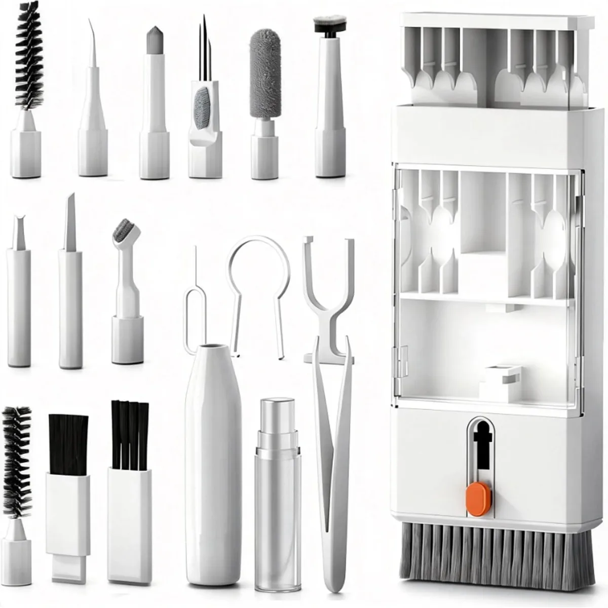 Compact 22-piece electronics cleaning kit in a slim case with brushes, spray bottle, microfiber cloth, keycap puller and lens tools