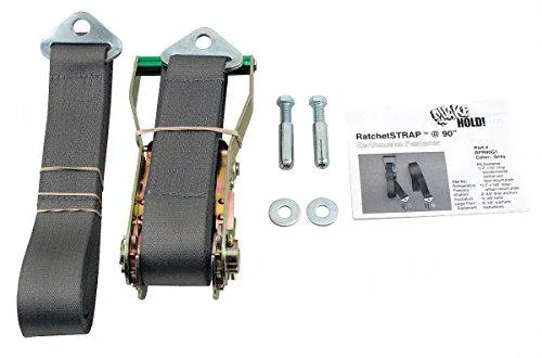 Gray ratchet straps with floor-mount plates and anchors
