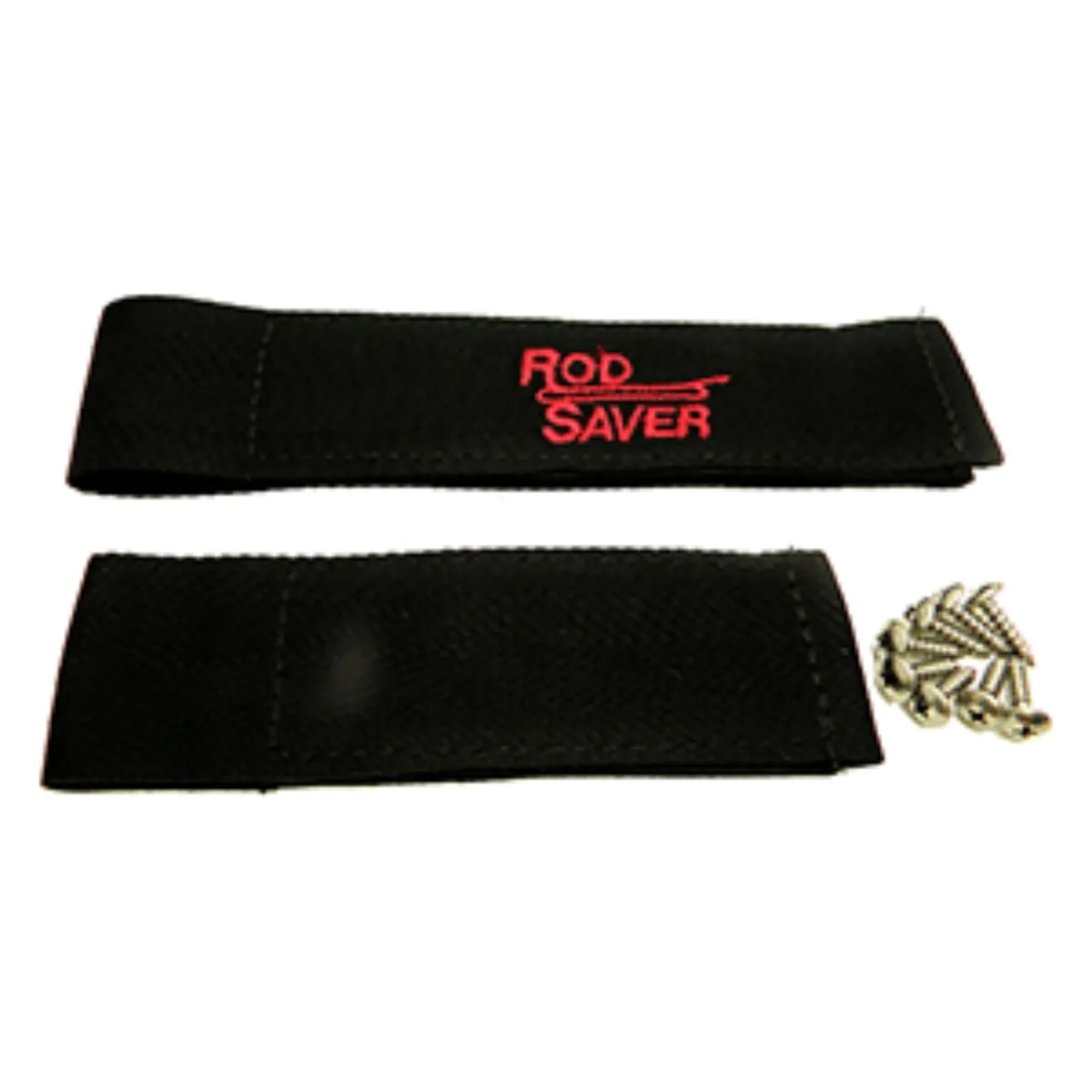 Two black metal rod holders with double straps, 8 inch and 6 inch, stainless steel hardware
