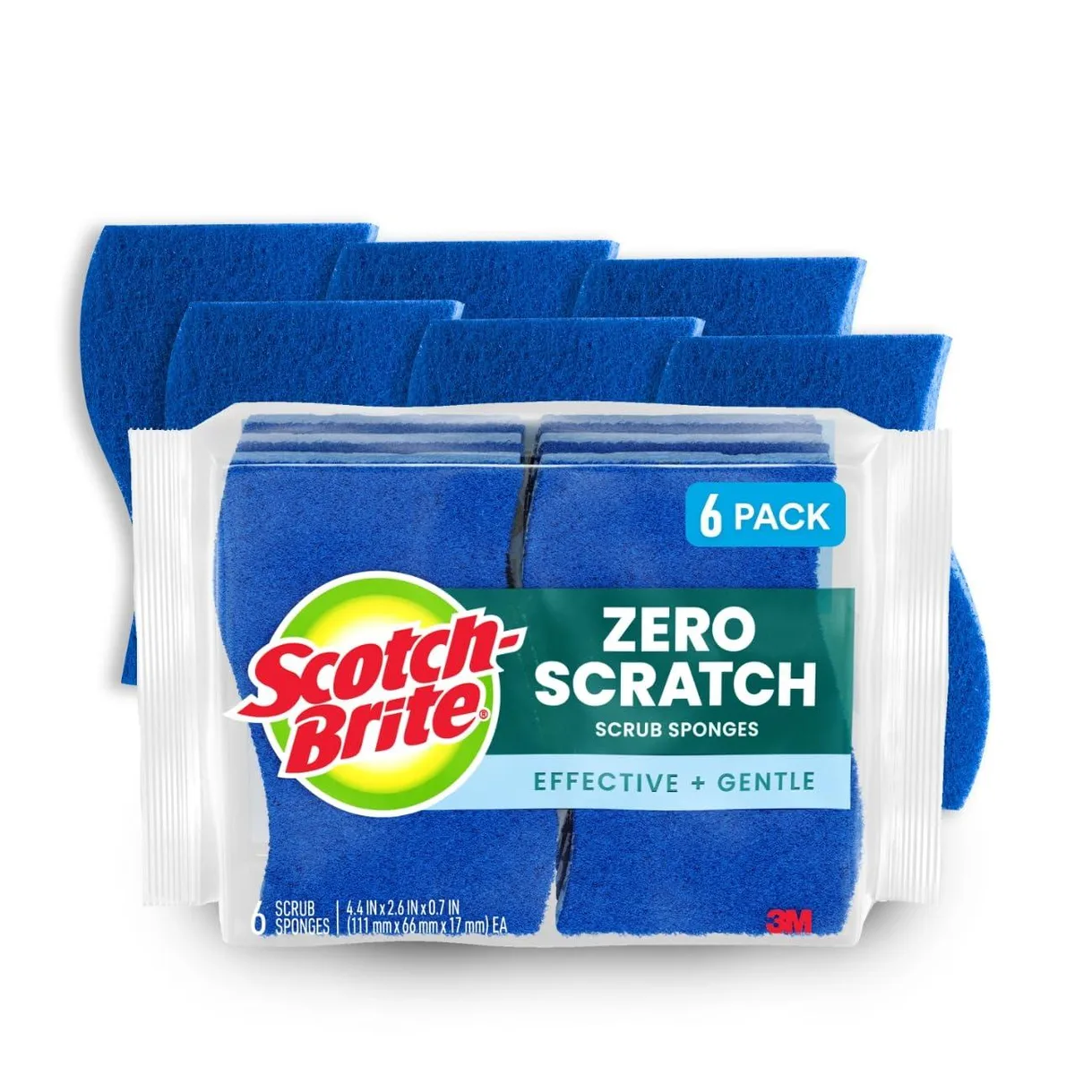 Six S-shaped blue scrub sponges in a pack
