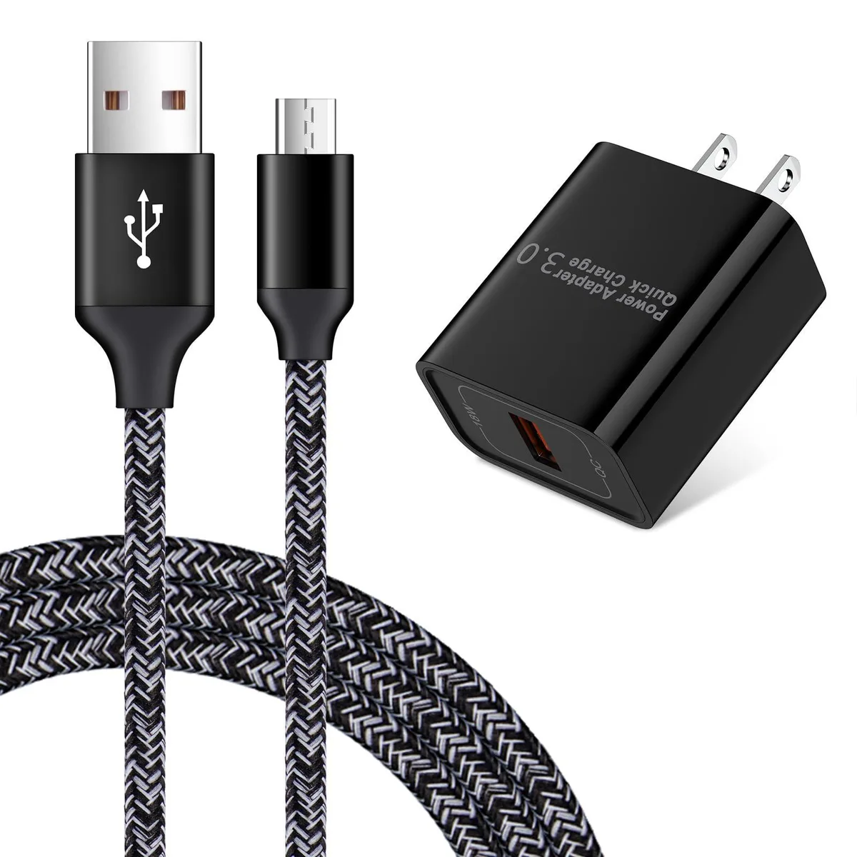 White rectangular wall charger with a three-foot micro USB cable attached