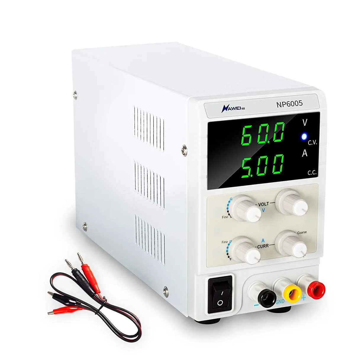 Compact bench power supply unit with green three-digit LED display and front panel knobs