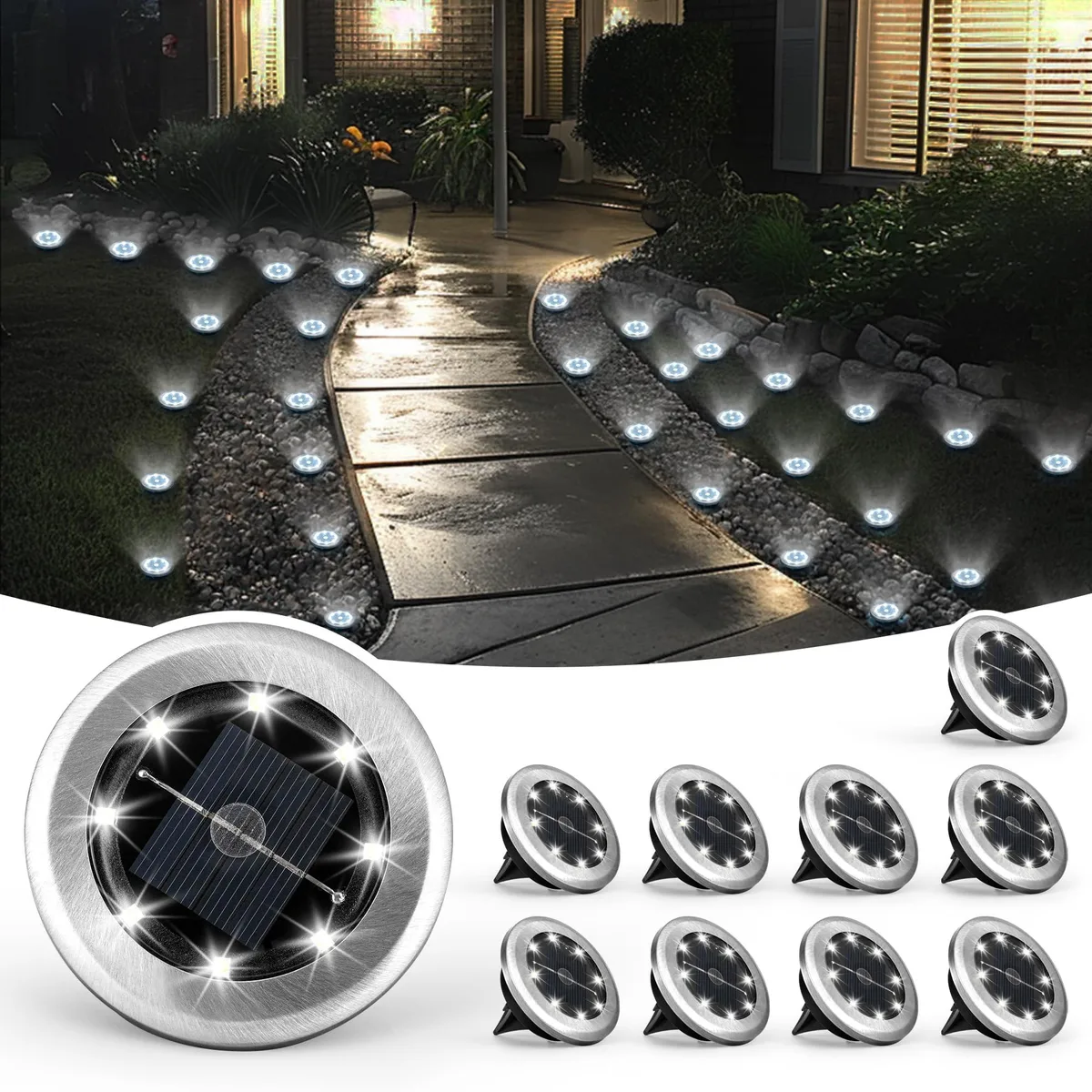 Ten stainless steel solar ground lights with cool white LEDs