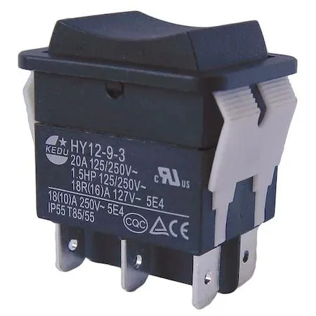 Black rectangular rocker switch with six quick-connect tabs and DPDT momentary action
