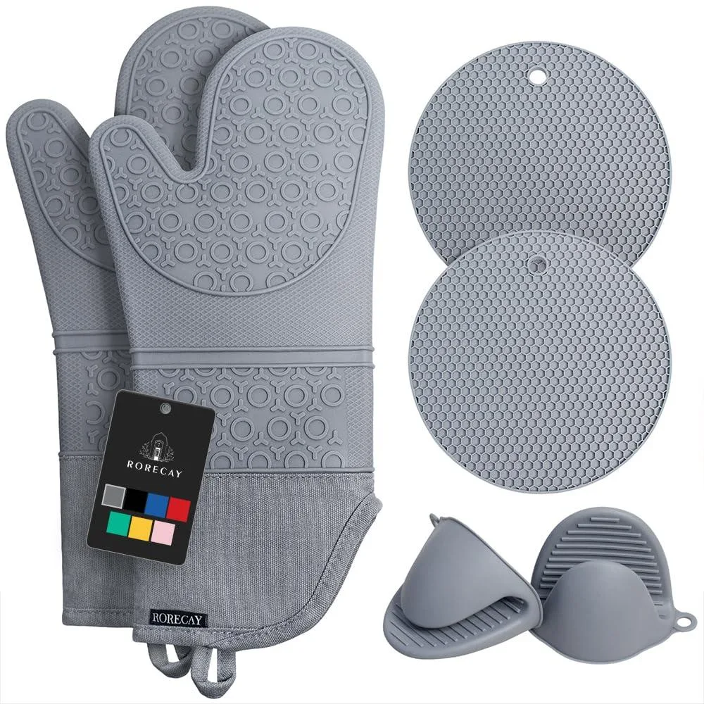  rorecay Silicone &amp; Cotton Oven Mitts Set 15" 500°F Gray — product photo