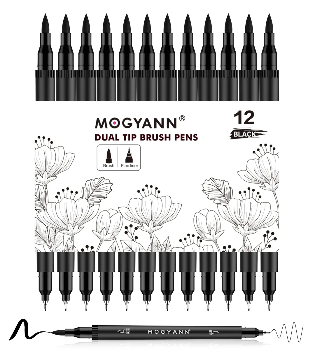 Twelve black dual-tip brush pens with fine and brush nibs