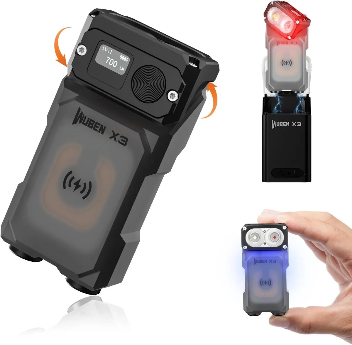 Compact keychain flashlight with 180-degree rotating head, matte metal finish, and rectangular charging case showing digital display