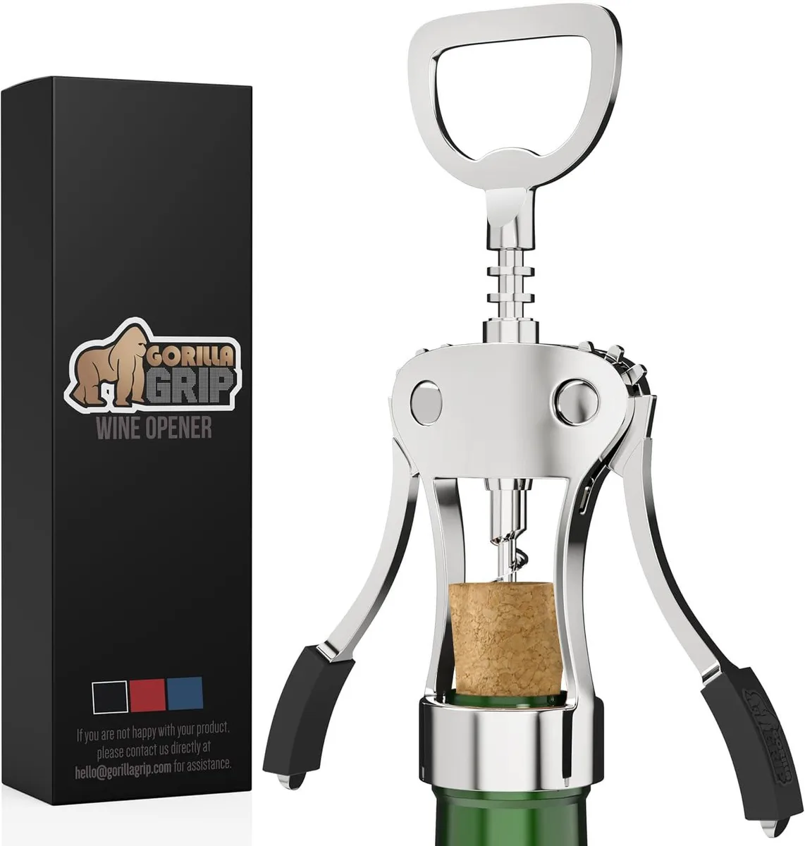 Black zinc alloy wing corkscrew with rubber grip handles and bottle cap opener