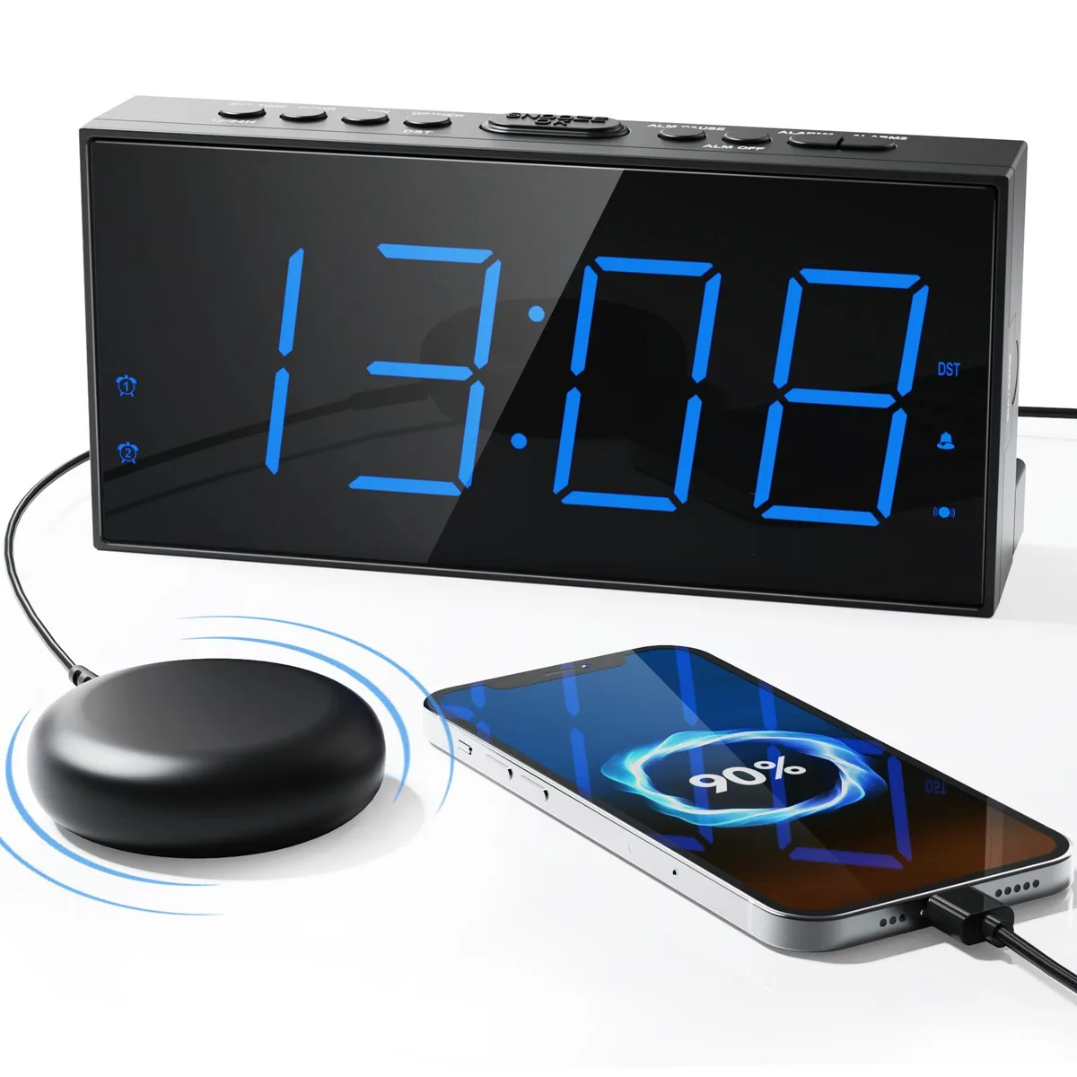  Vibrating Alarm Clock with Bed Shaker, Blue Digits, Thin Font, 7.5" Display — product photo