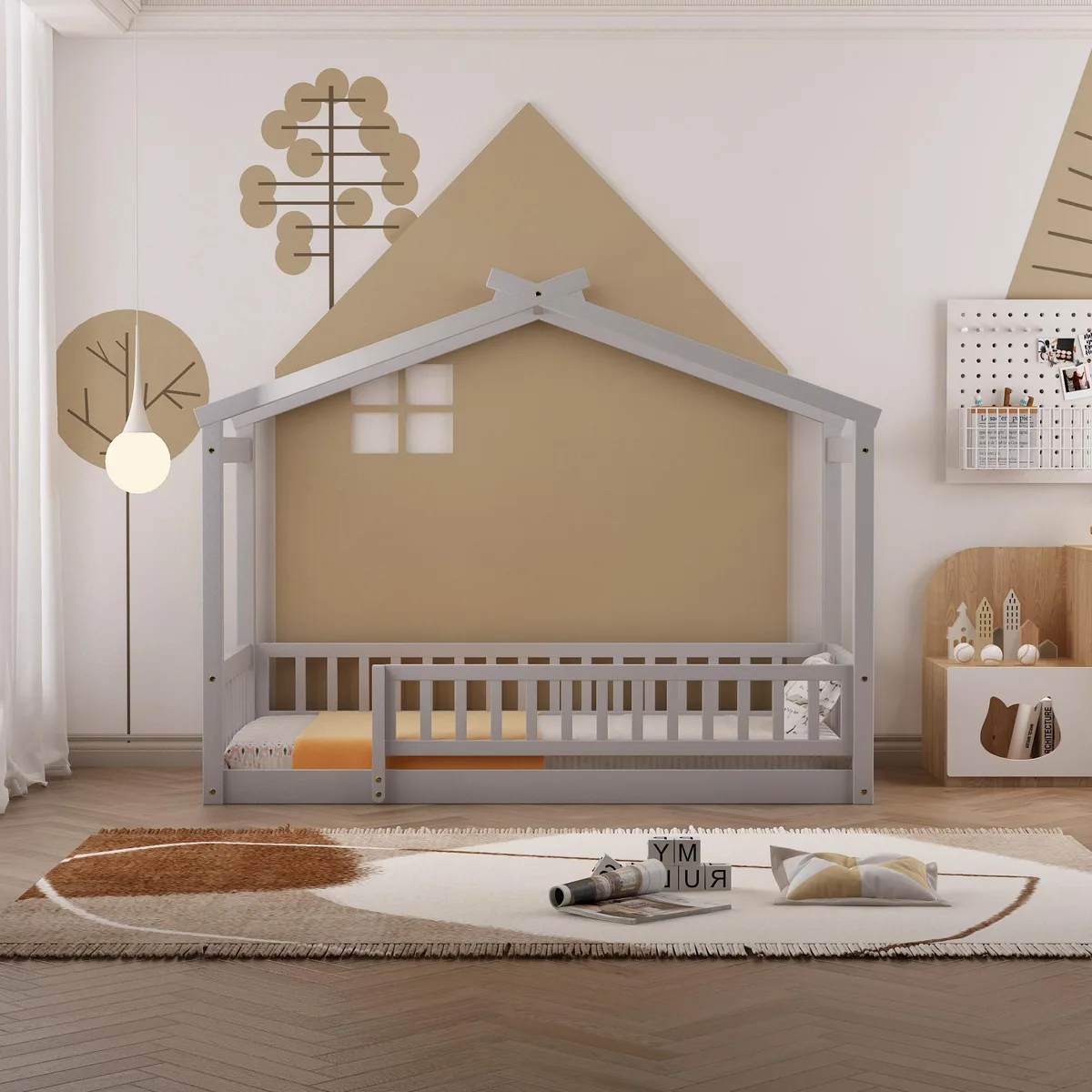 tuphen tuphen Twin House Bed Frame with Fence Gray 79.5 x 41.8 x 62.9 — product photo