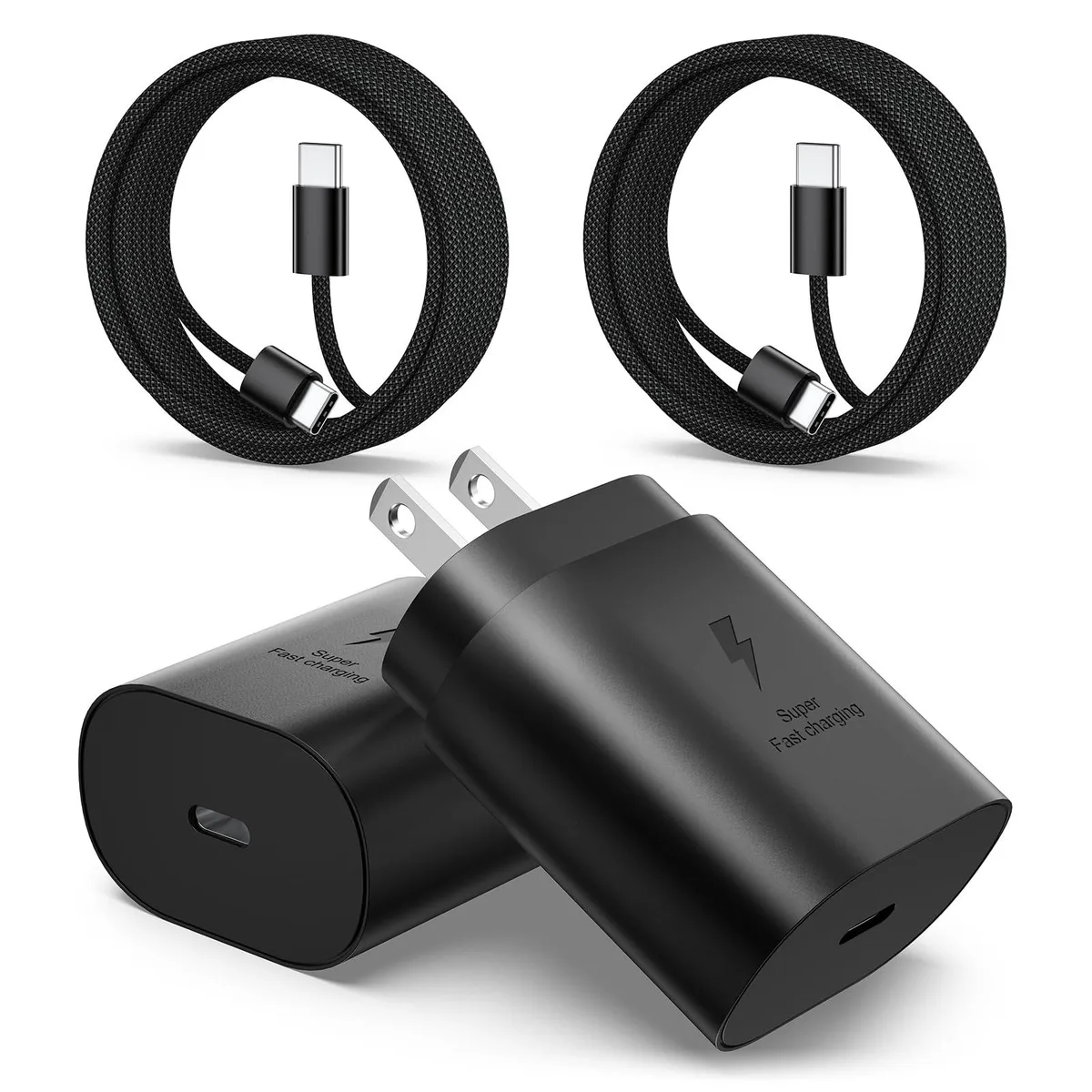 Two white USB-C wall chargers with two 6ft braided USB-C to C cables