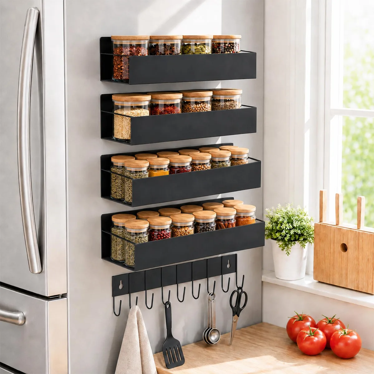 Four red round magnetic spice racks with hook on metal surface