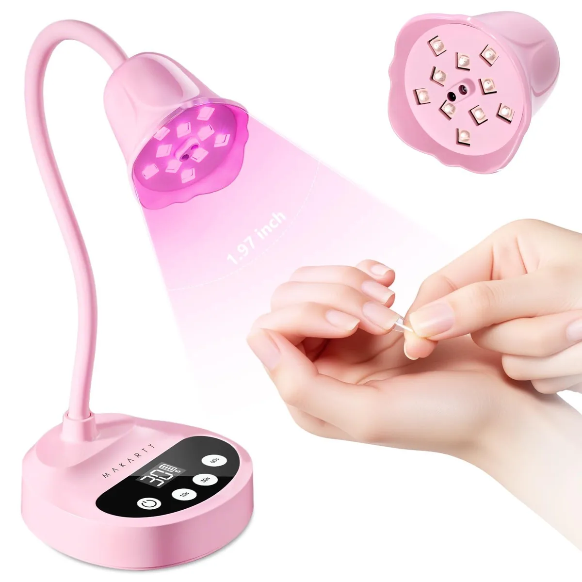 Cordless UV nail lamp with adjustable gooseneck and trumpet-flower shape, UV-resistant ABS plastic finish