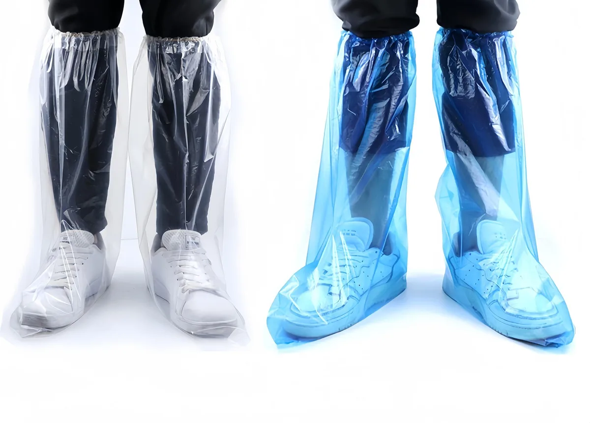 Blue disposable PE shoe covers, 12 pack, elastic openings, 19.7 by 15.3 inches