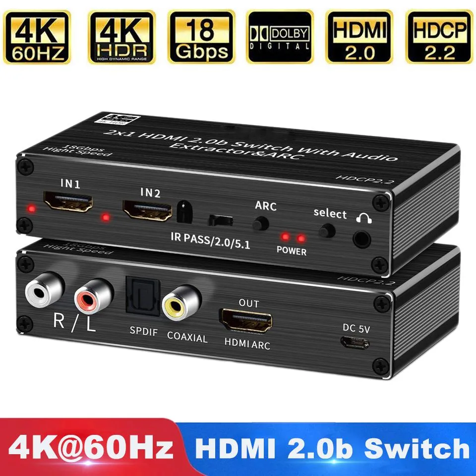 Small black box with two HDMI inputs, one HDMI output, optical, coaxial, RCA and 3.5 mm audio ports, plus a remote control