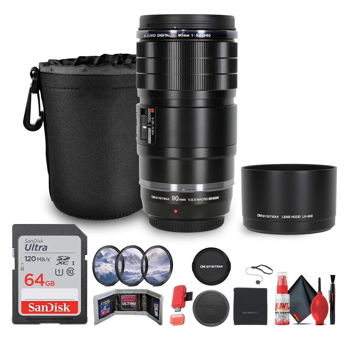 Olympus America Inc. Olympus America Inc. OM SYSTEM M.Zuiko Digital ED 90mm f/3.5 Macro IS PRO Lens Bundle camera lens — product photo