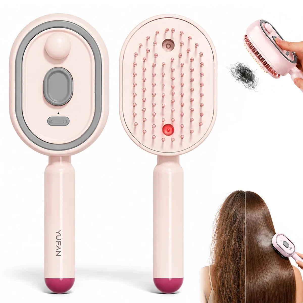 Pink electric steam brush with air-cushion bristles and USB-C charging port