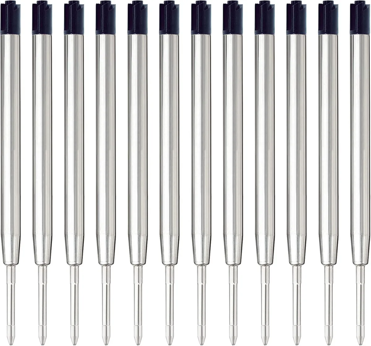 Twelve silver metal pen refills in a row