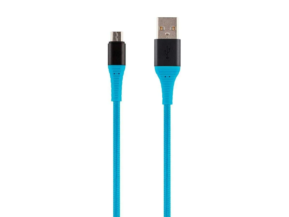 Blue braided USB 2.0 Micro B to Type-A cable with aluminum connectors, six feet long