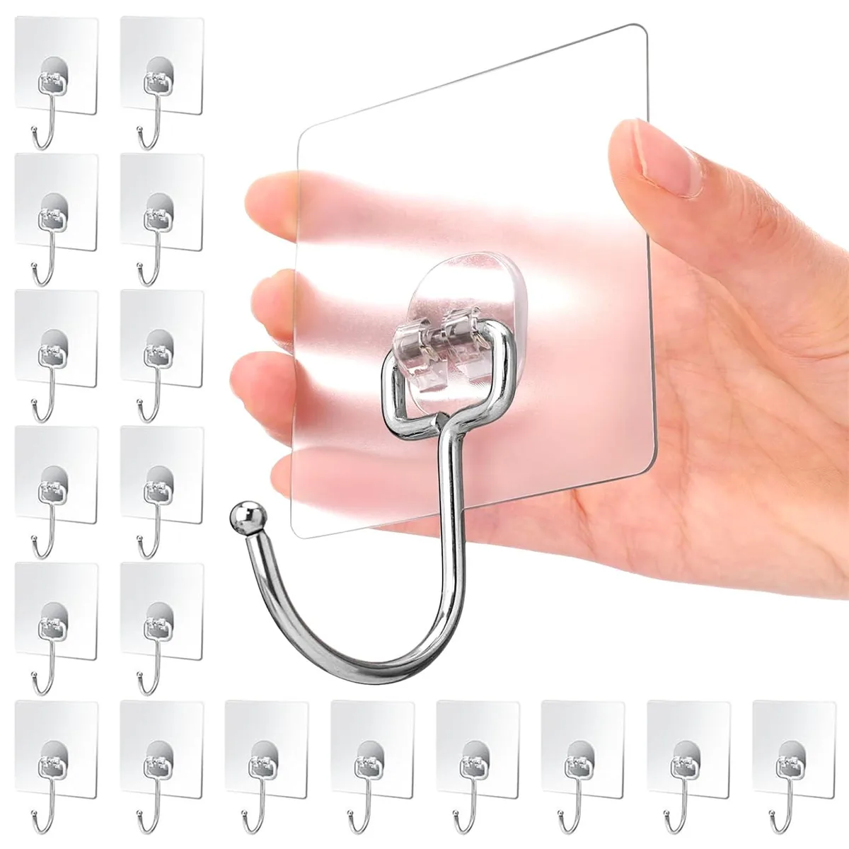 Transparent self-adhesive hooks with stainless steel, 18 pack, 2.7 inch square, 44 lb capacity