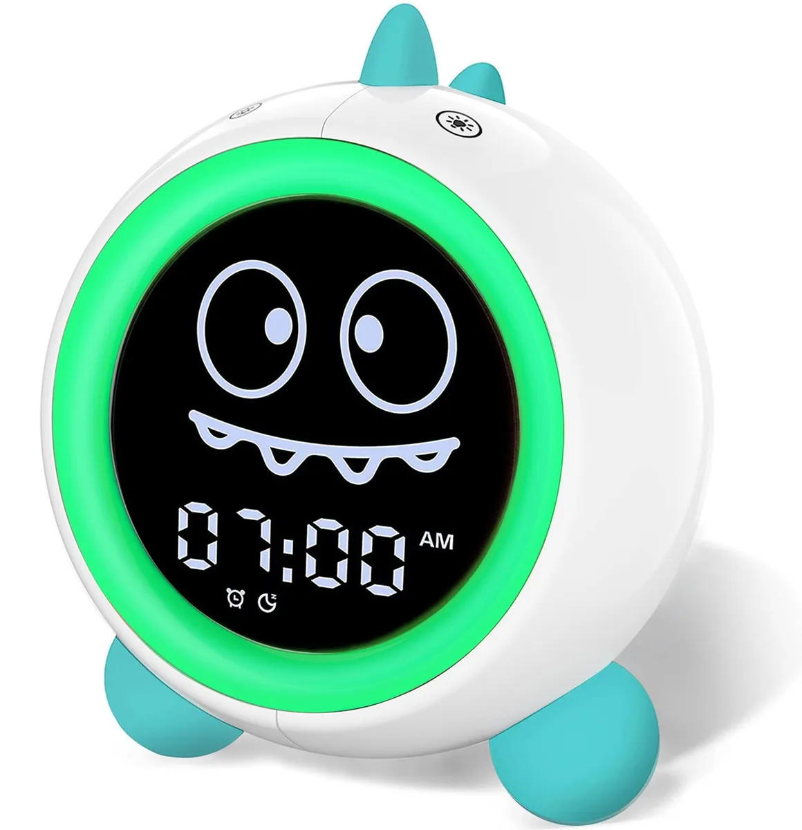 Green digital sleep-training clock with dinosaur face, silicone finish, night light and sound machine