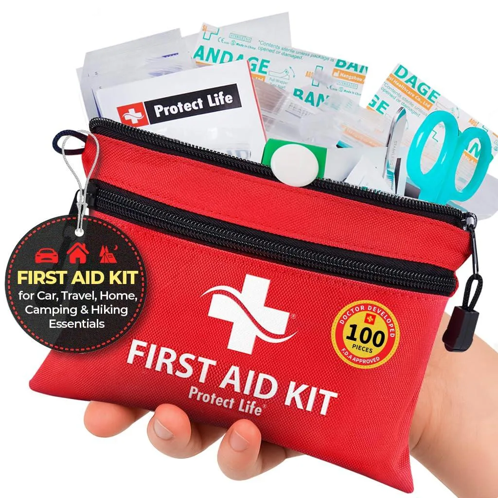 Black rectangular first aid kit with zip closure, 100-piece compact emergency medical supplies