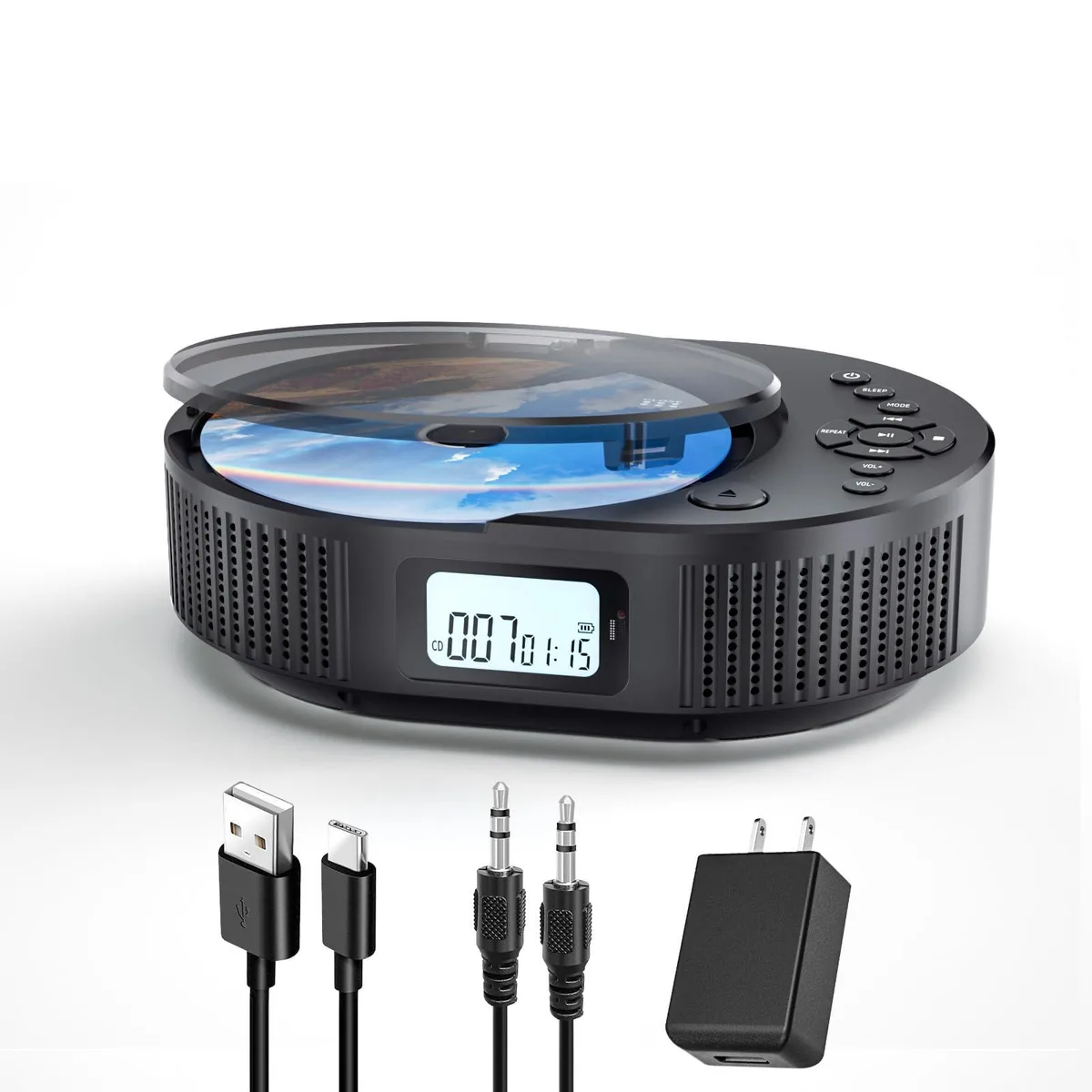 Black rectangular portable CD player with front-loading slot, built-in speakers, and carry handle