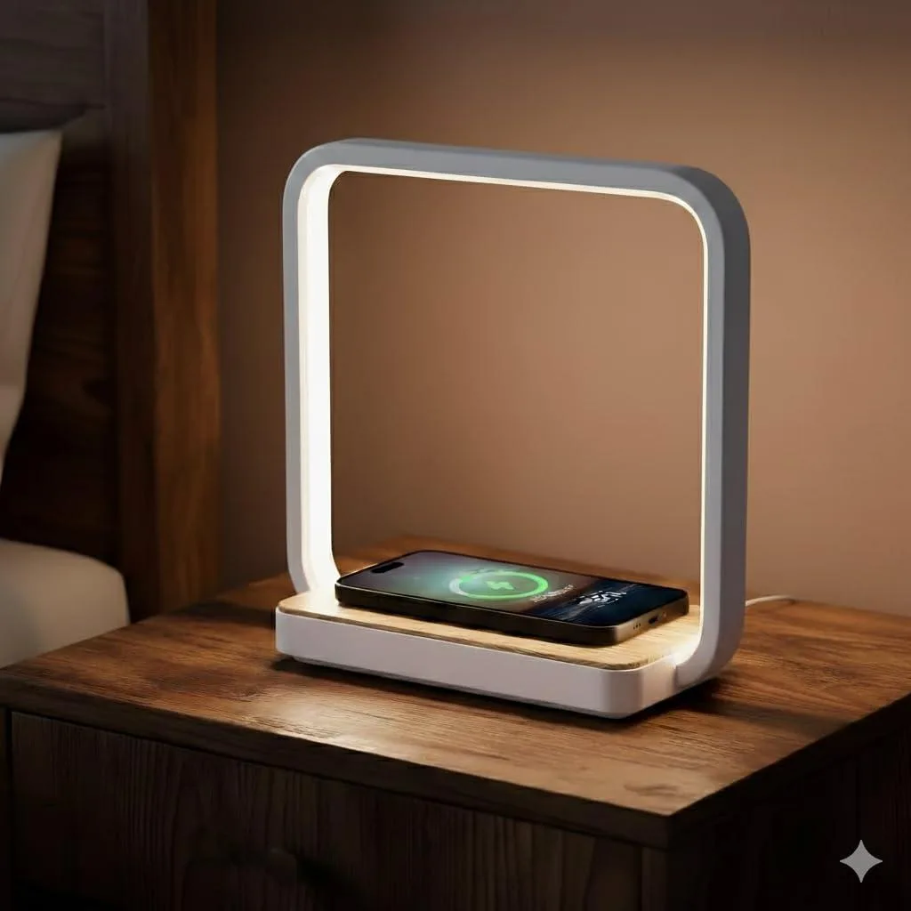 Wood-grain rectangular table lamp with metal shade, touch dimmer and wireless charging base, 22.5 cm high