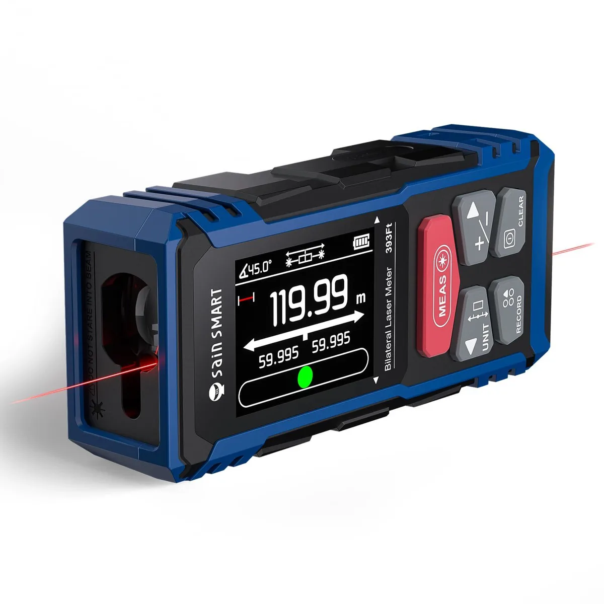 Red ABS laser distance meter with dual front apertures, backlit TFT screen, magnetic back and belt clip
