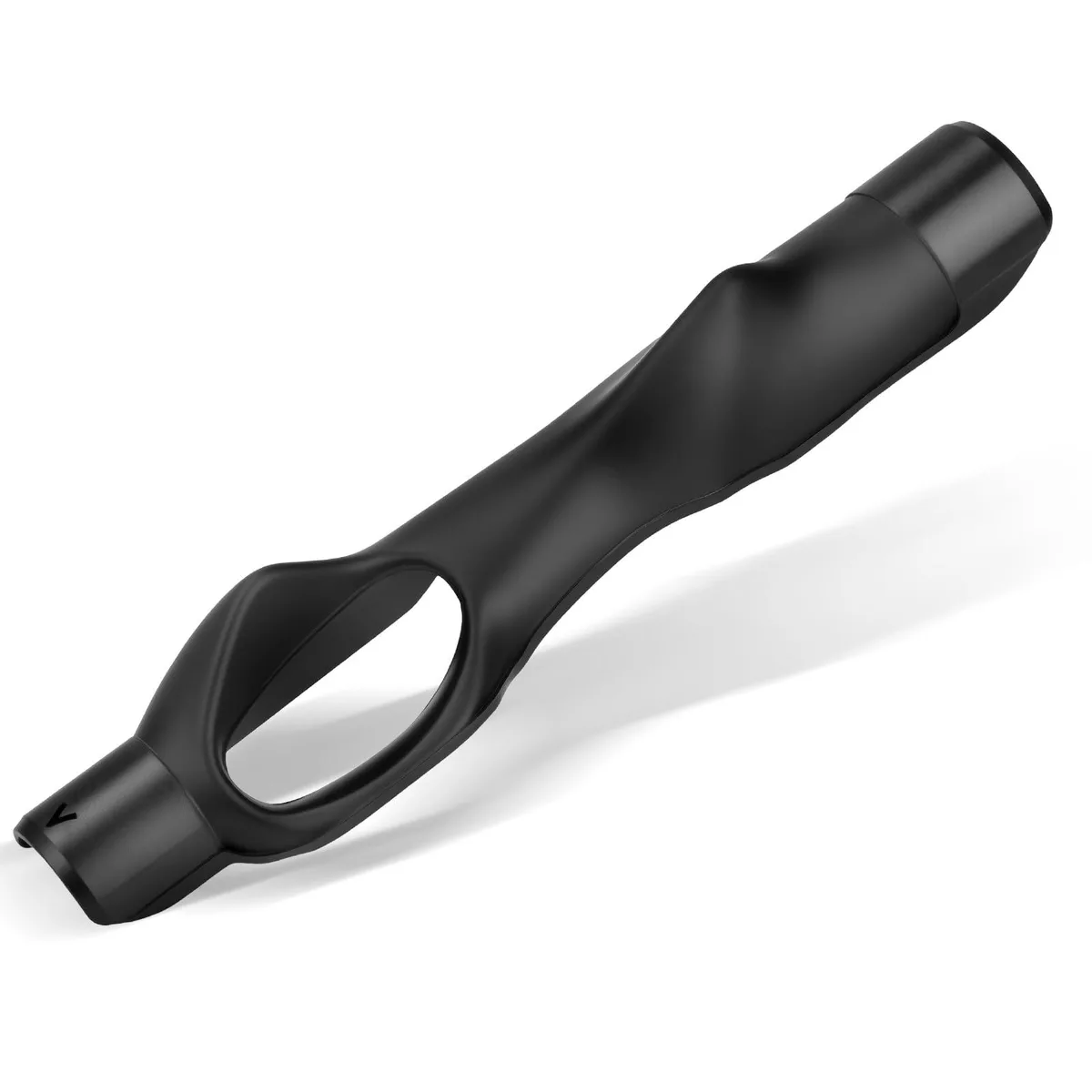 Black golf grip trainer, slim rectangular shape with contoured handle, textured non-slip surface