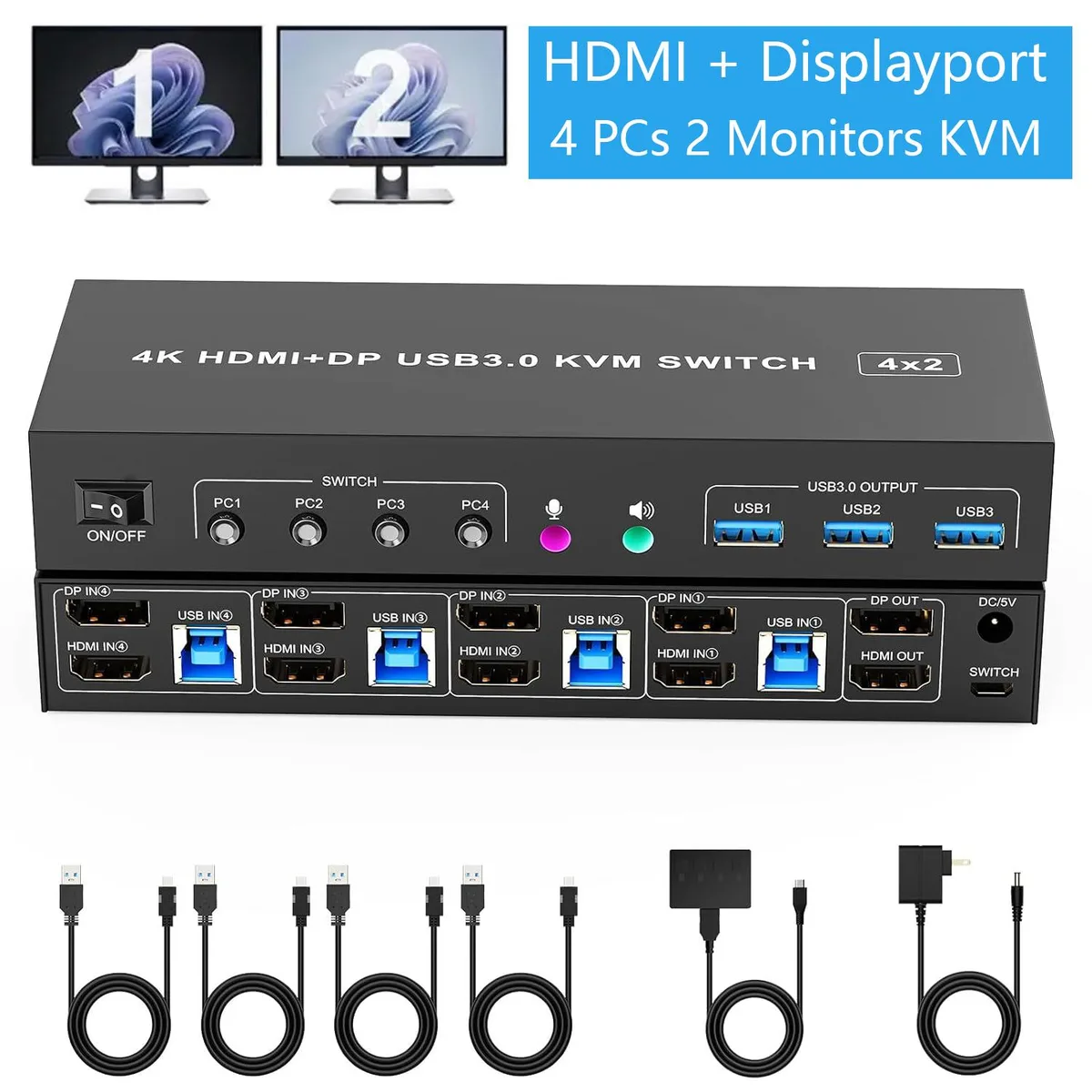 IHDAPP IHDAPP 402 HD+DP KVM Switch 4×PC 2×Mon 4K@60Hz 3×USB 3.0 Audio — product photo