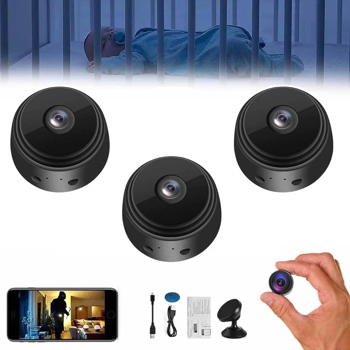 FANTEC FANTEC Magnetic Mini Security Camera 1080p 150° 3-pack Black — product photo