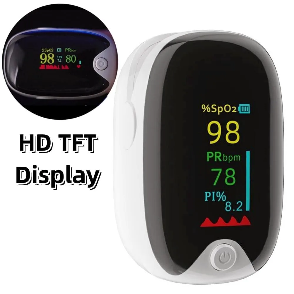White fingertip pulse oximeter with TFT LCD display and detachable lanyard