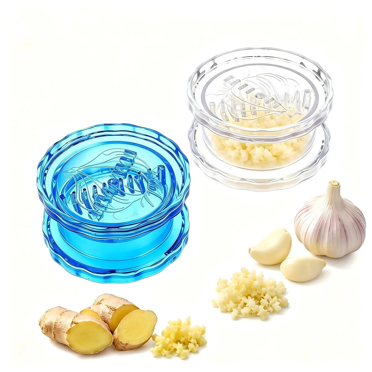 Two small white and blue plastic garlic twisters with transparent bodies and twist lids