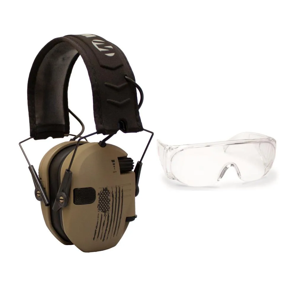 Walkers Razor slim electronic muffs in distressed flag finish with clear OTG glasses