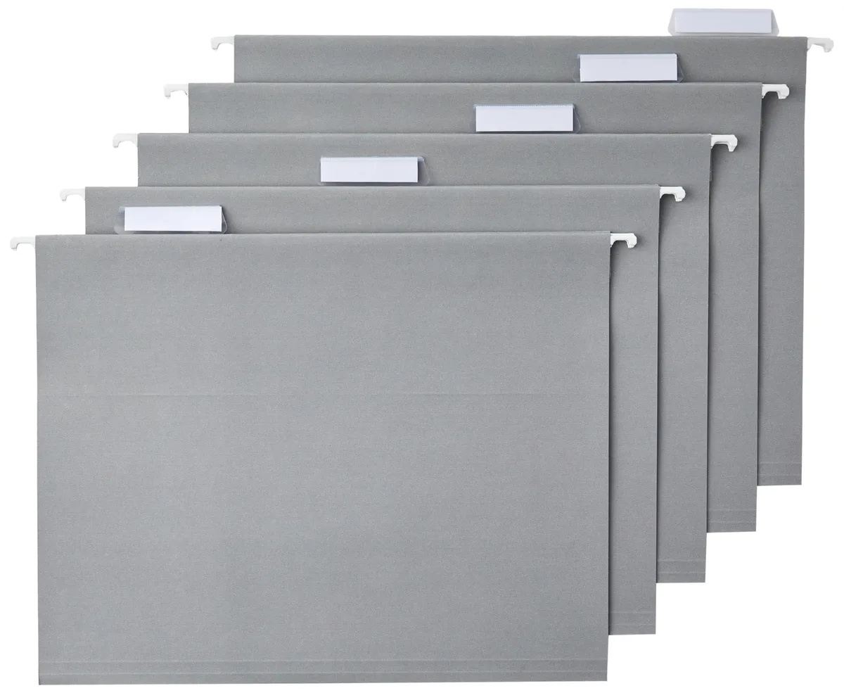 Stack of 25 gray letter-size hanging file folders with clear tabs