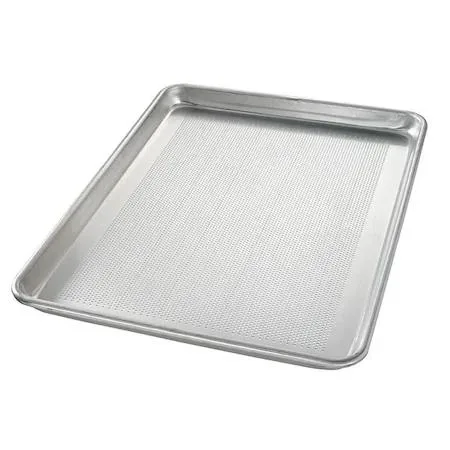 Silver perforated aluminum half-sheet pan with closed bead rim