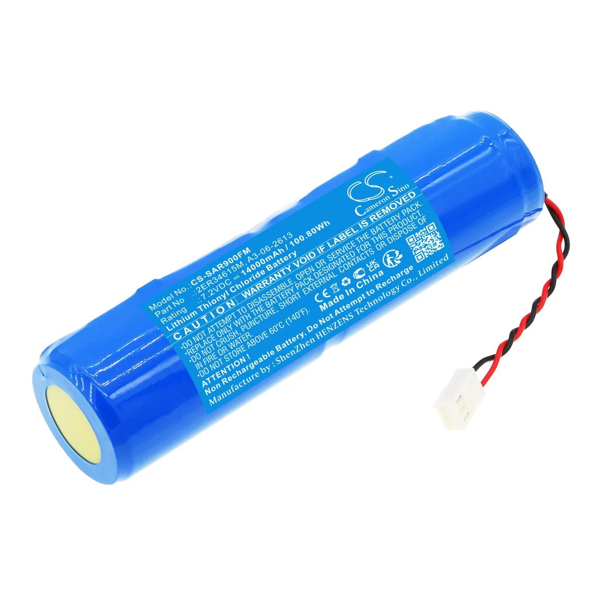 Rectangular black battery pack with label and terminals