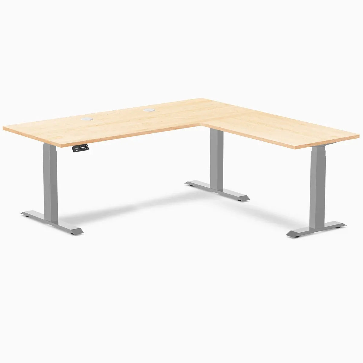Desky Desky Hardwood L-Shape Sit Stand Desk Maple 72 x 30 x 70 x 24 in Gray office furniture — product photo