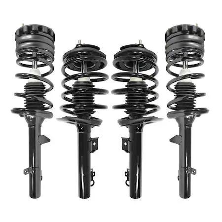 Four complete strut assemblies in a set, silver metal with black coil springs