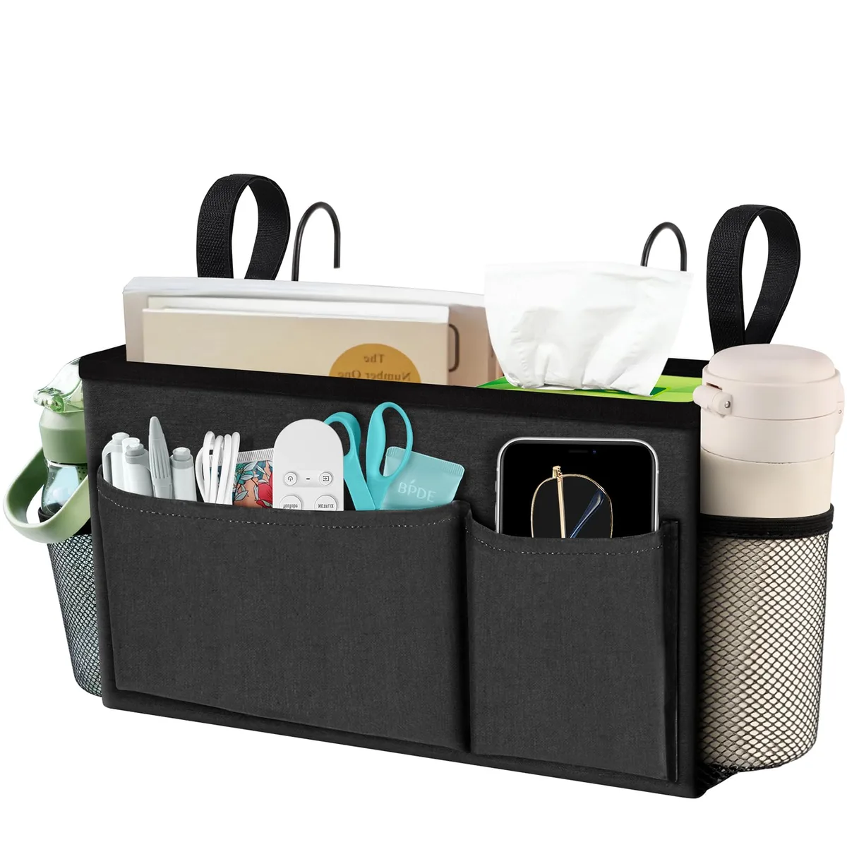 Dark grey canvas bedside caddy with pockets and two hooks