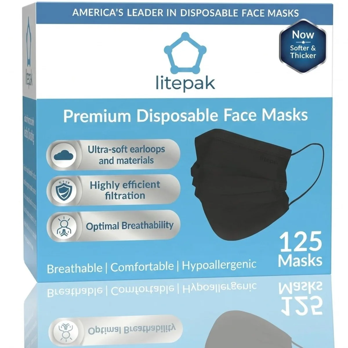 Black rectangular dispenser box containing 125 disposable face masks