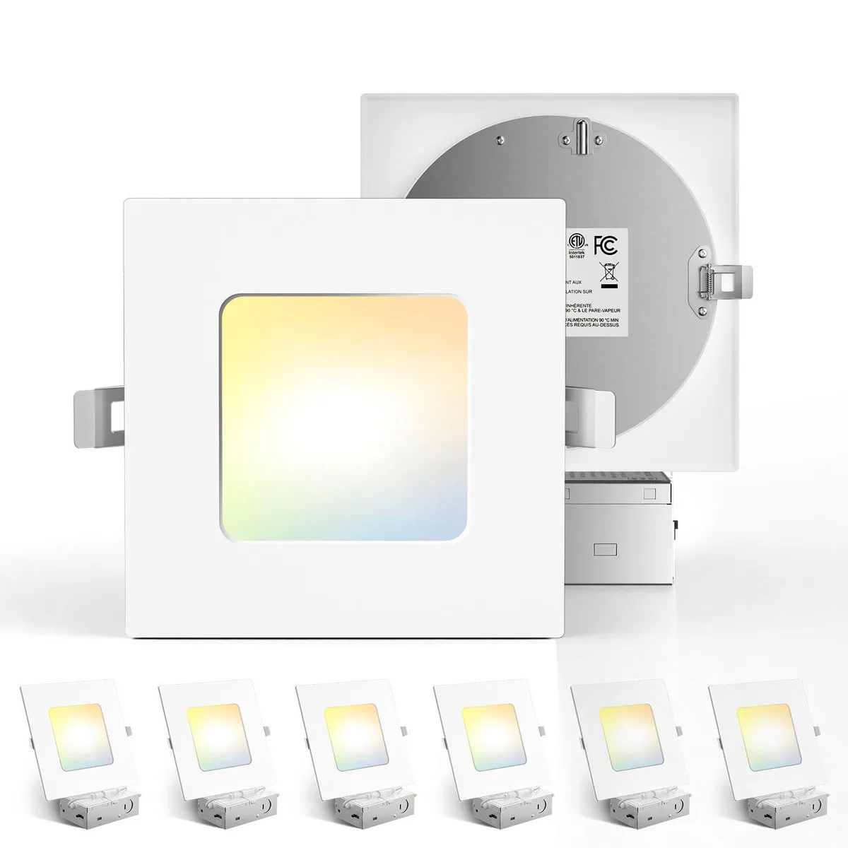 Six ultra-thin square LED recessed lights in white finish