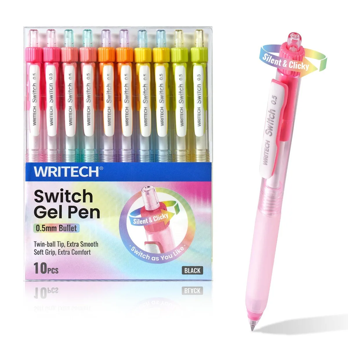 Pack of ten black retractable gel pens with metal barrels and soft rubber grips