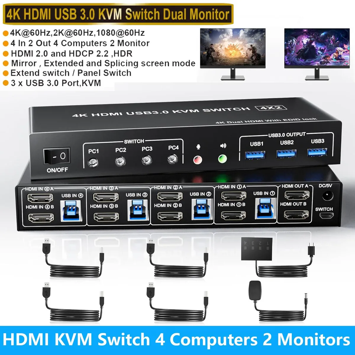 IHDAPP IHDAPP USB 3.0 Dual Monitor HDMI KVM Switch 4 Computers 4K 60Hz — product photo