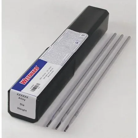 Blue plastic tube holding fourteen inch carbon steel welding rods five thirty-seconds inch diameter