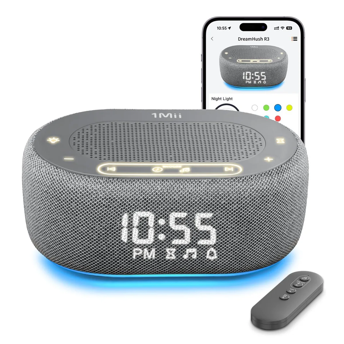 White bedside device with display and speaker grille