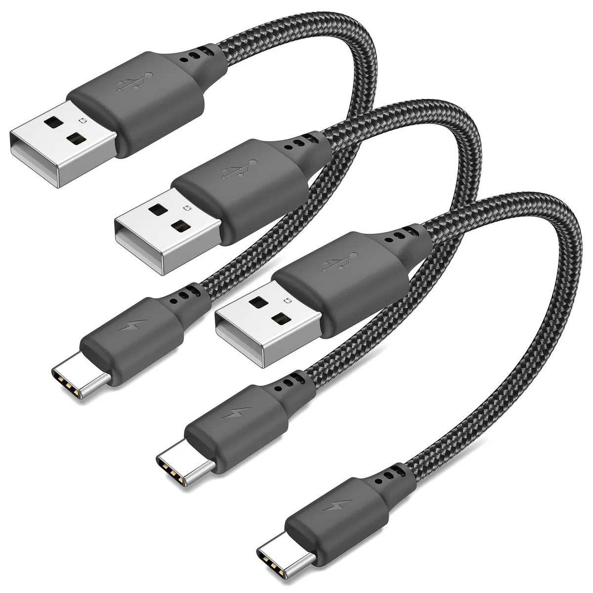 Three short black nylon-braided USB-A to USB-C cables coiled together