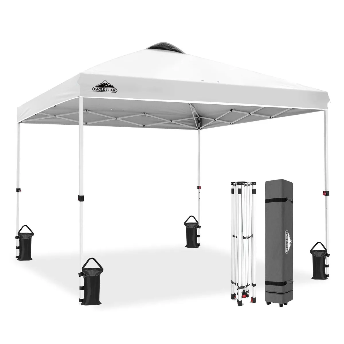White pop-up canopy tent with wheeled carry bag, stakes, ropes and weight bags, 10x10 ft frame and silver-coated top