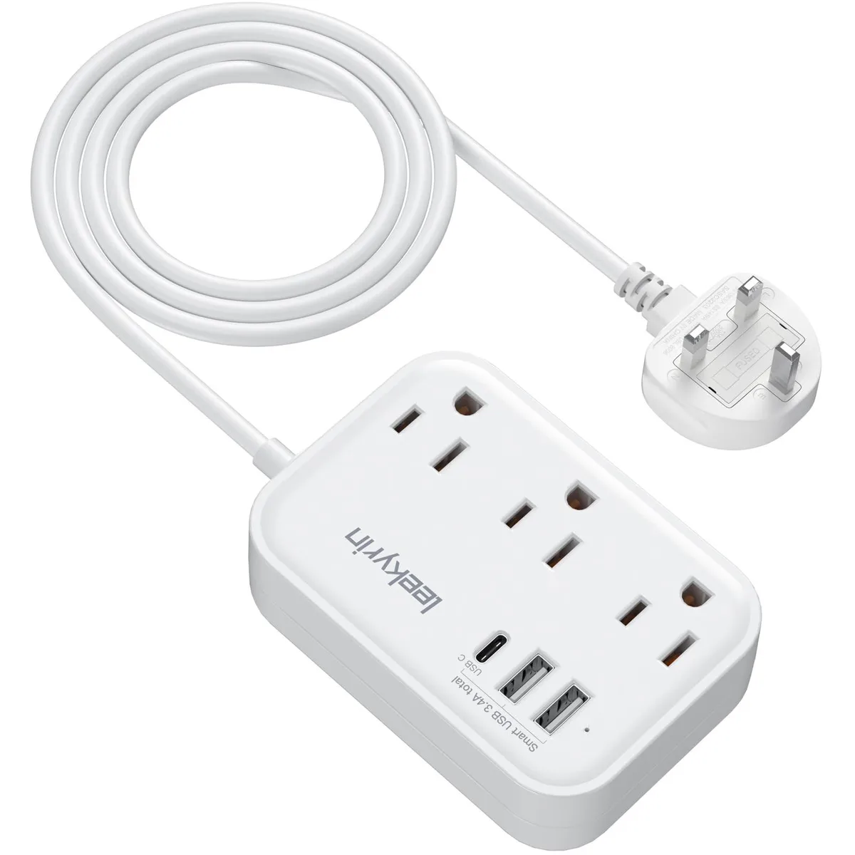  Dell 770 UK Plug Type G Adapter 3 Outlets 3 USB-C Ports 3FT Cord 13A 250V 15A 125V 17W 5V 3.4A Black — product photo